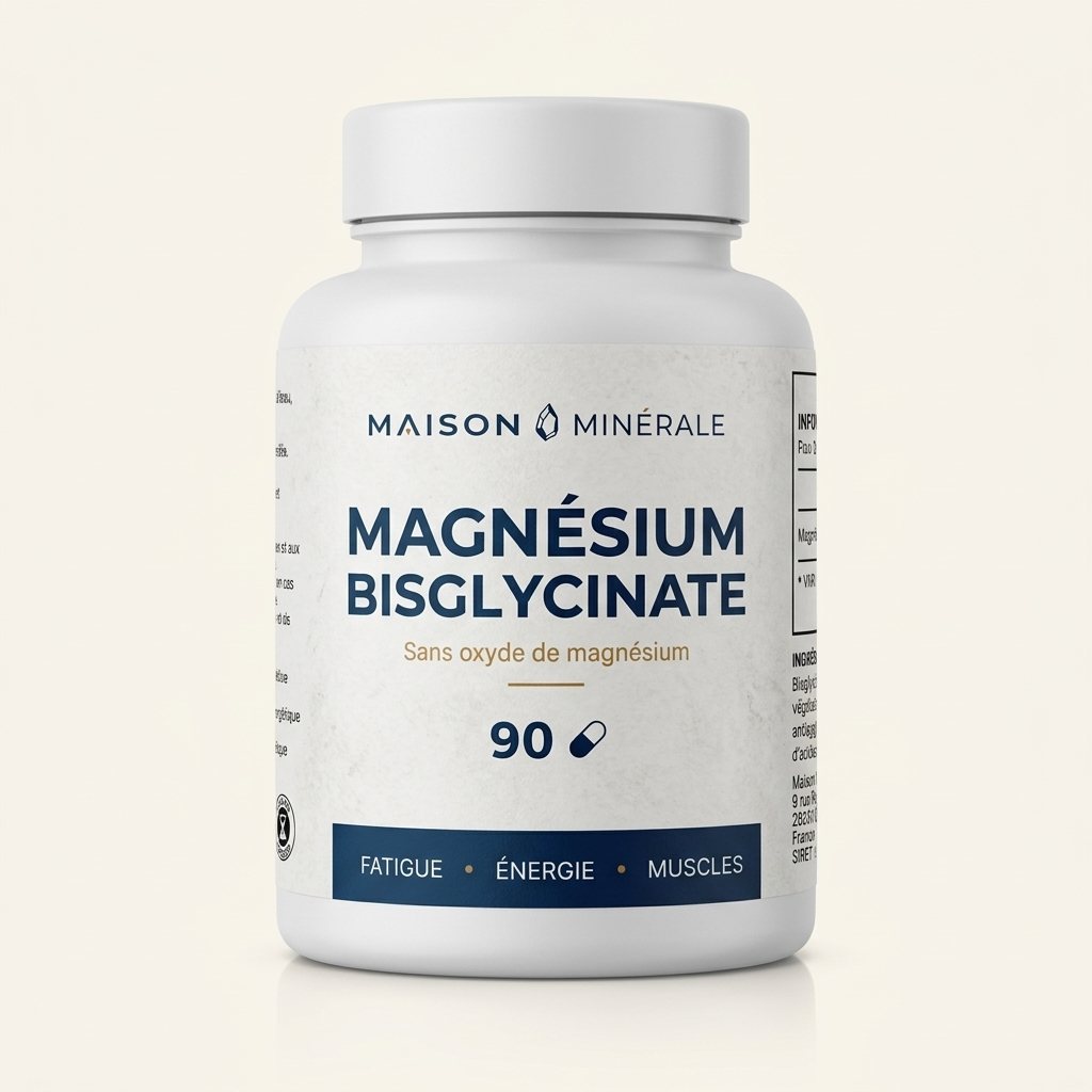 Flacon Maison Minérale Magnésium Bisglycinate, 90 gélules, sur fond clair.